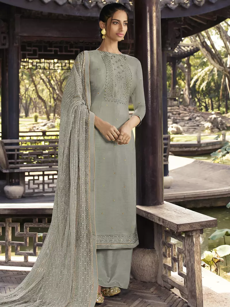 Grey embroidered pure silk salwar