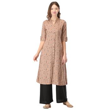 Light-brown printed rayon long-kurtis 1