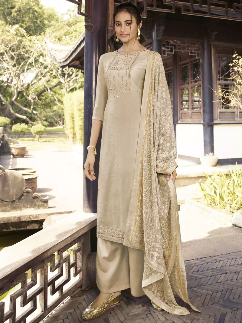 Beige embroidered pure silk salwar