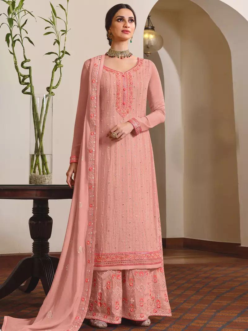 Peach embroidered chiffon salwar
