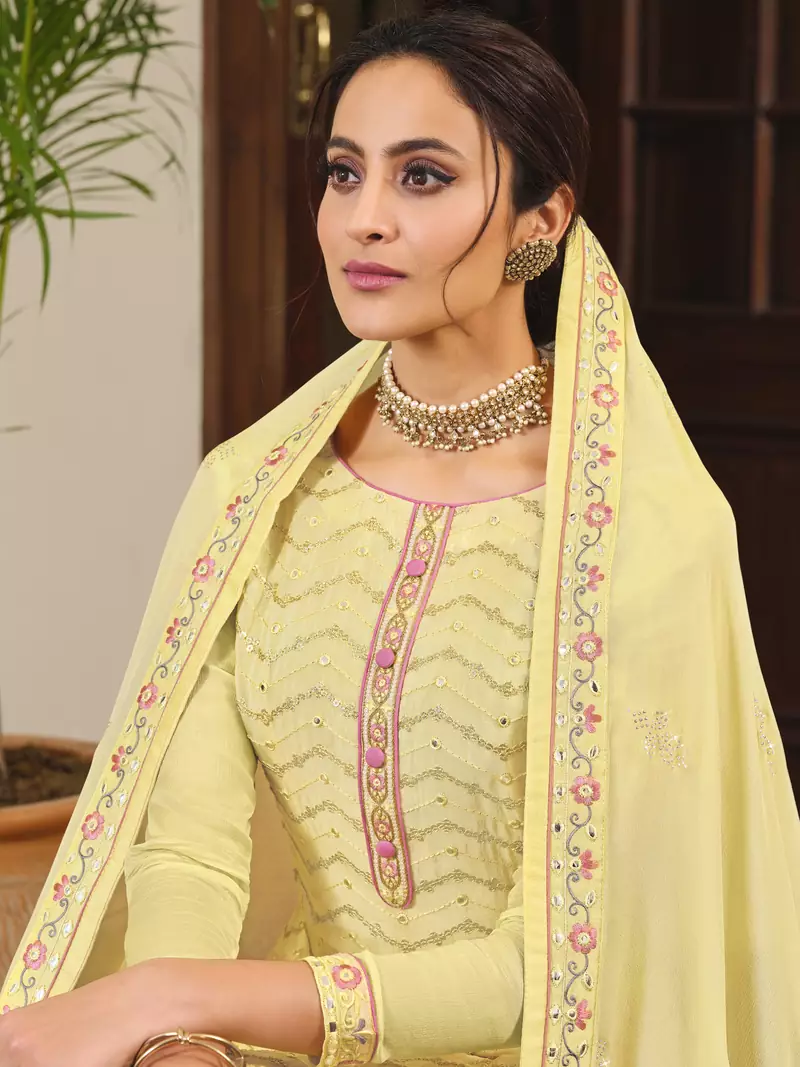 Yellow embroidered chiffon salwar