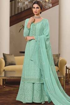 Teal embroidered chiffon salwar