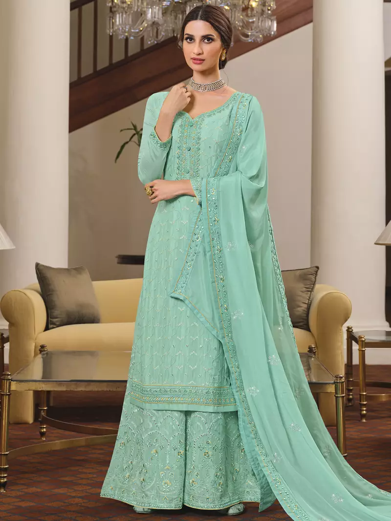 Teal embroidered chiffon salwar