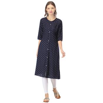 Navy-blue printed rayon long-kurtis 1