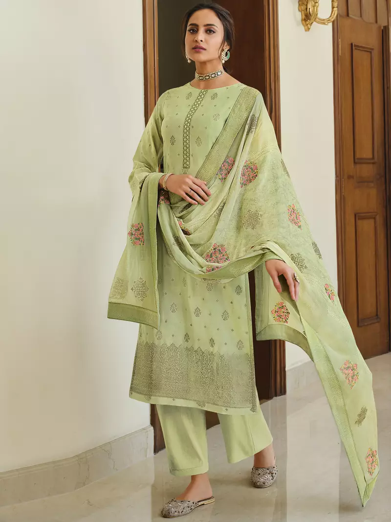 Green embroidered art silk salwar