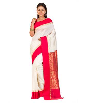 Bengali  Art Silk  Saree - With Blouse Piece(Offwhite-Red ) 1