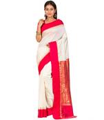 Bengali  Art Silk  Saree - With Blouse Piece(Offwhite-Red )