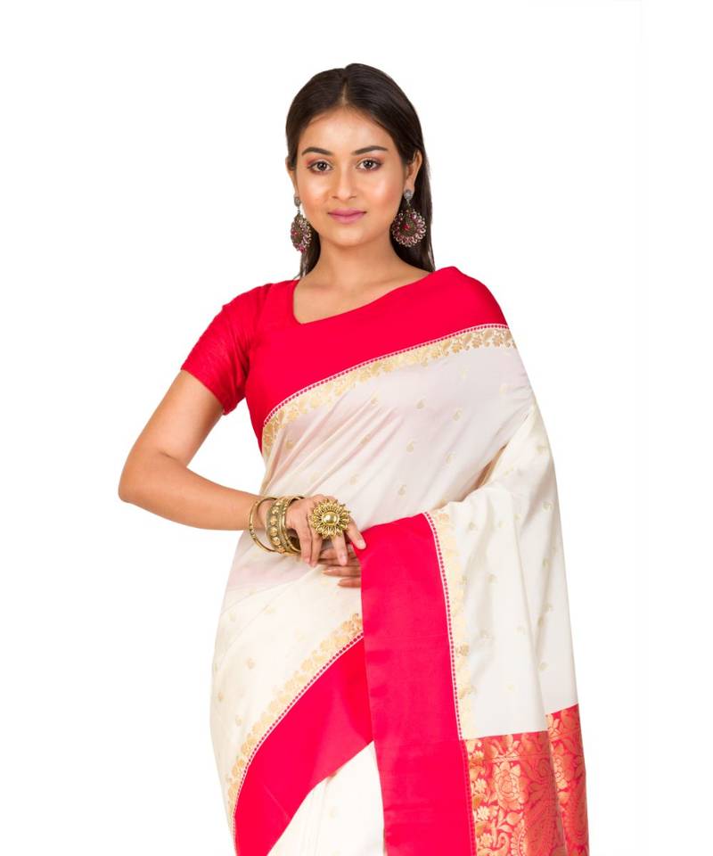 Bengali  Art Silk  Saree - With Blouse Piece(Offwhite-Red )