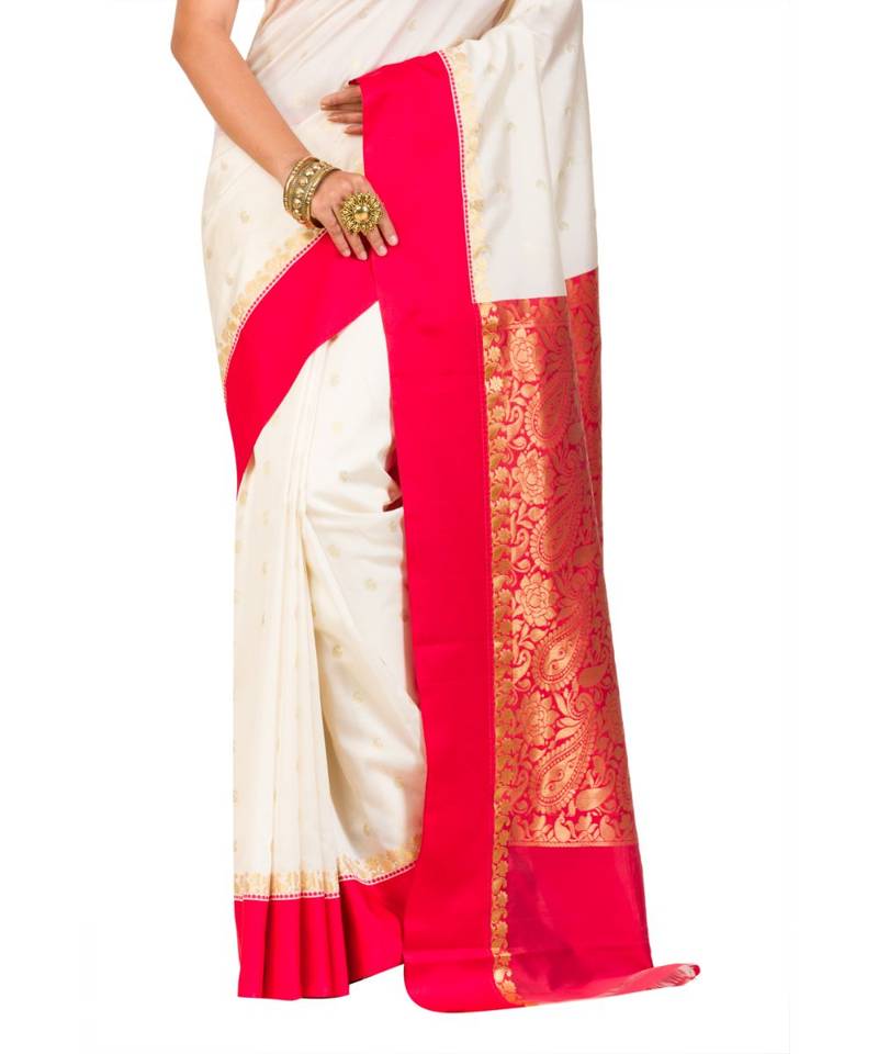 Bengali  Art Silk  Saree - With Blouse Piece(Offwhite-Red )