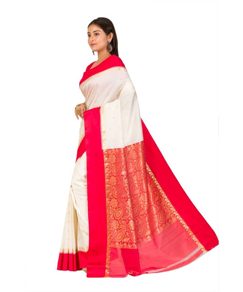 Bengali  Art Silk  Saree - With Blouse Piece(Offwhite-Red )