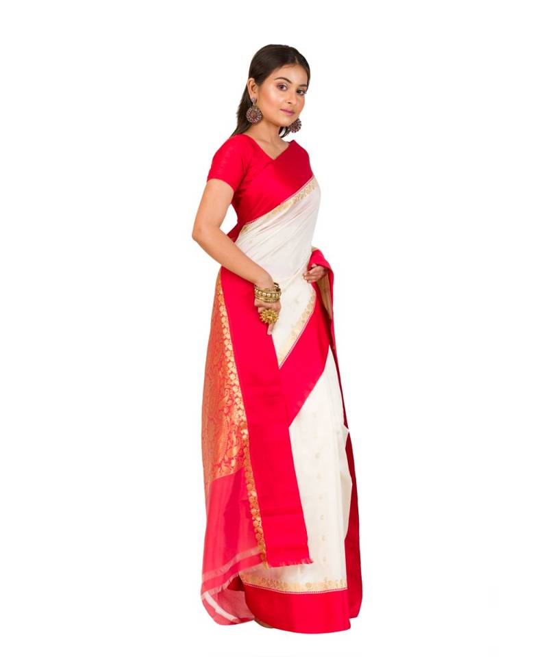 Bengali  Art Silk  Saree - With Blouse Piece(Offwhite-Red )