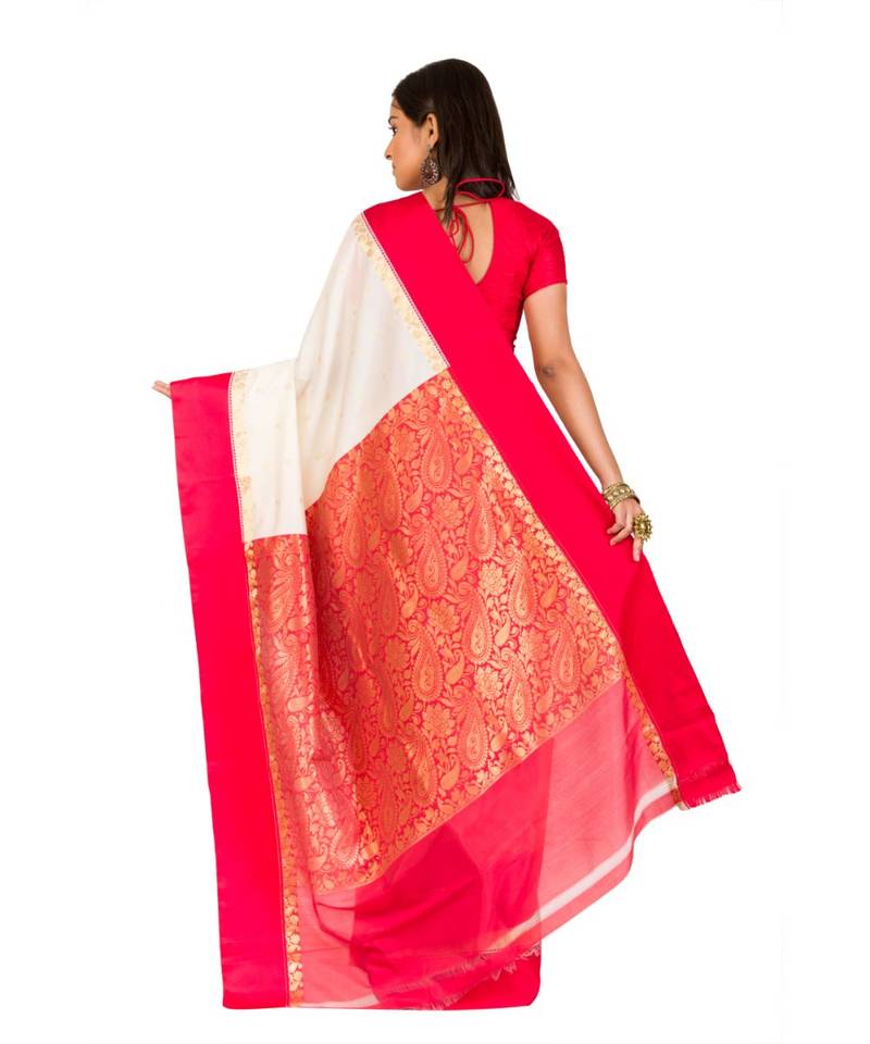 Bengali  Art Silk  Saree - With Blouse Piece(Offwhite-Red )