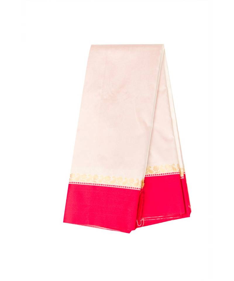 Bengali  Art Silk  Saree - With Blouse Piece(Offwhite-Red )