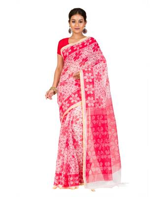 Cotton Silk Bengali Handloomcotton-sarees- With Blouse Piece(MIRSH-1002-02 / White-Red) 1
