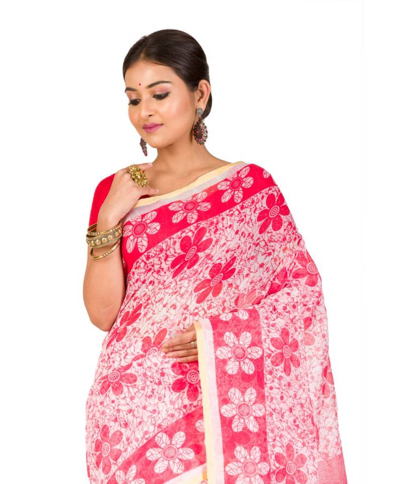 Cotton Silk Bengali Handloomcotton-sarees- With Blouse Piece(MIRSH-1002-02 / White-Red)