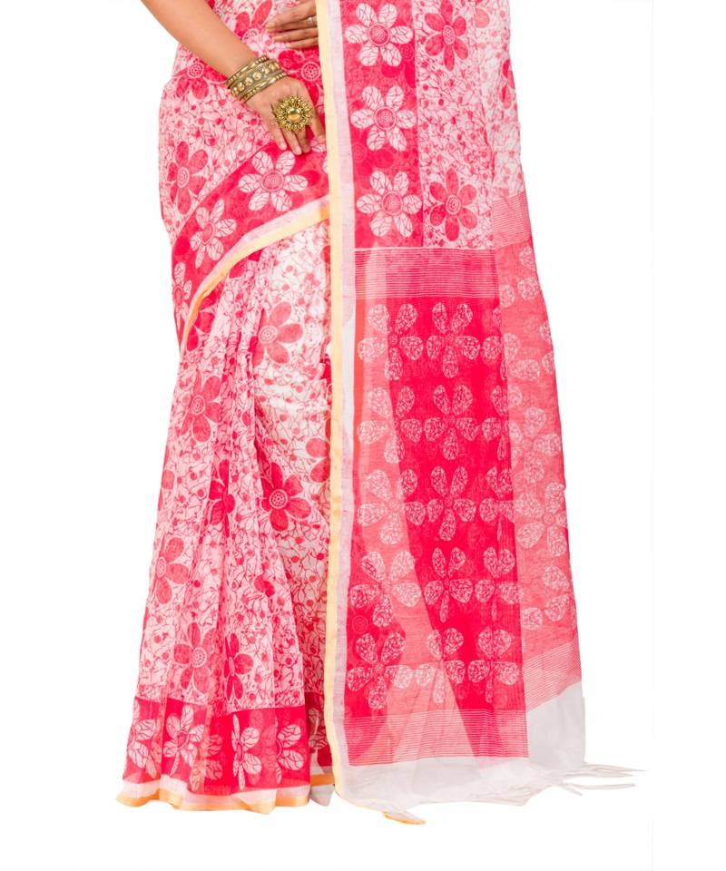 Cotton Silk Bengali Handloomcotton-sarees- With Blouse Piece(MIRSH-1002-02 / White-Red)