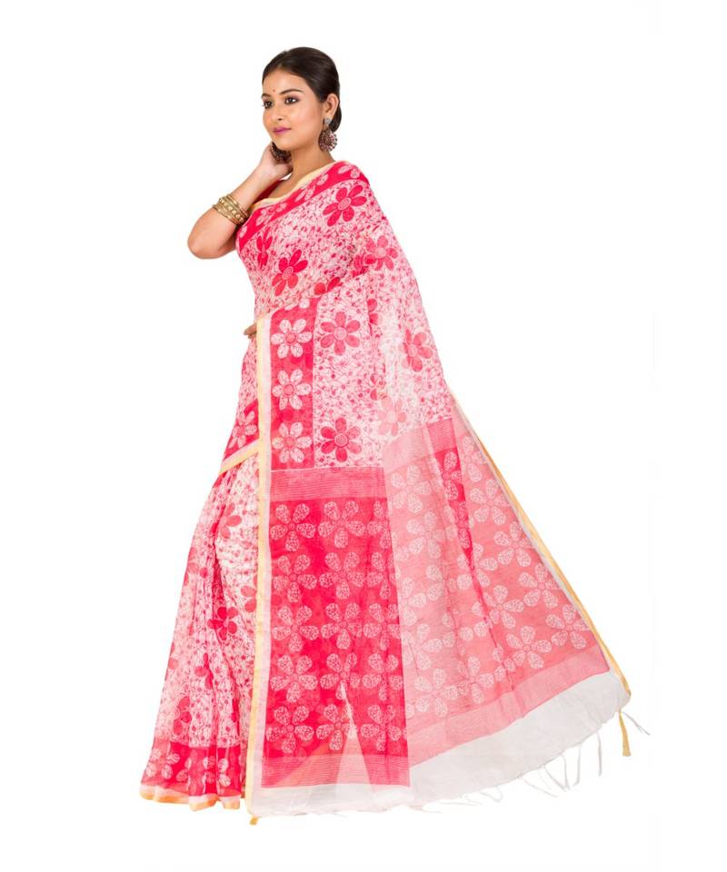 Cotton Silk Bengali Handloomcotton-sarees- With Blouse Piece(MIRSH-1002-02 / White-Red)