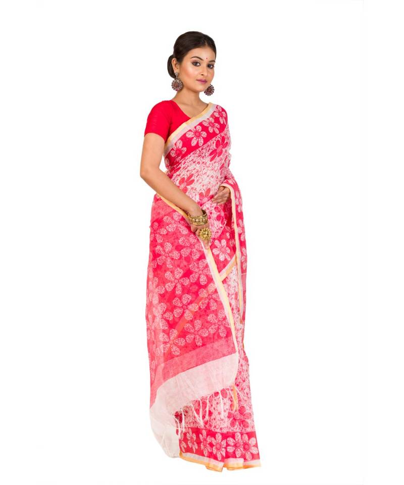 Cotton Silk Bengali Handloomcotton-sarees- With Blouse Piece(MIRSH-1002-02 / White-Red)