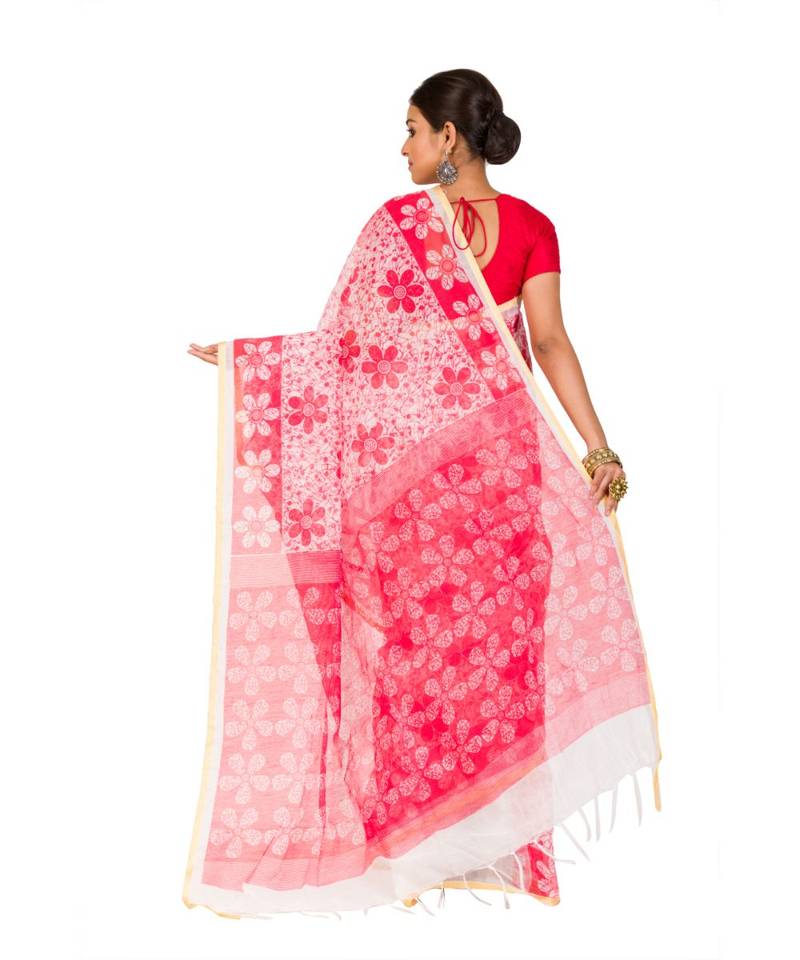 Cotton Silk Bengali Handloomcotton-sarees- With Blouse Piece(MIRSH-1002-02 / White-Red)