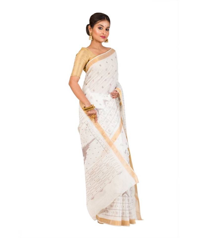 Pure Cotton Bengali Handloomcotton-sarees- Without Blouse Piece( MIRSH-1022-02 / Off- White)
