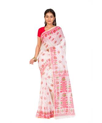 Cotton Silk Bengali Handloom Print Saree - With Blouse Piece(MIRSH-1005-02 / White-Red) 1