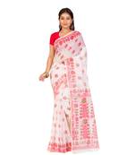 Cotton Silk Bengali Handloom Print Saree - With Blouse Piece(MIRSH-1005-02 / White-Red)