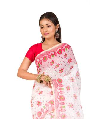 Cotton Silk Bengali Handloom Print Saree - With Blouse Piece(MIRSH-1005-02 / White-Red) 2