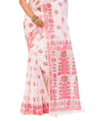 Cotton Silk Bengali Handloom Print Saree - With Blouse Piece(MIRSH-1005-02 / White-Red) 3