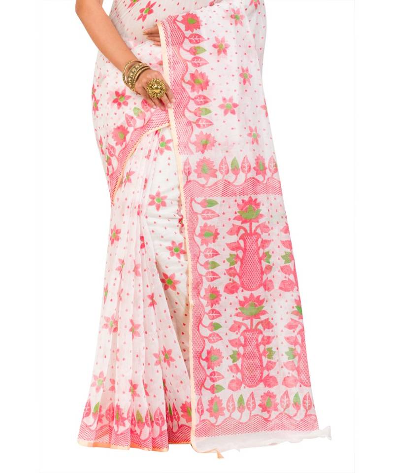 Cotton Silk Bengali Handloom Print Saree - With Blouse Piece(MIRSH-1005-02 / White-Red)