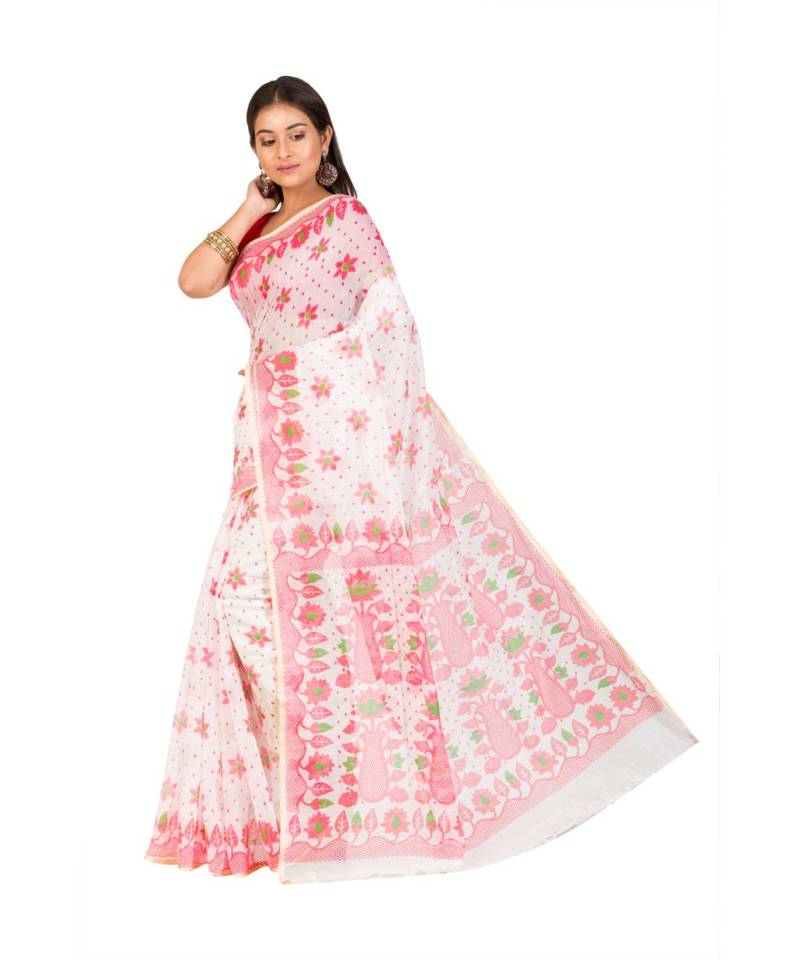 Cotton Silk Bengali Handloom Print Saree - With Blouse Piece(MIRSH-1005-02 / White-Red)