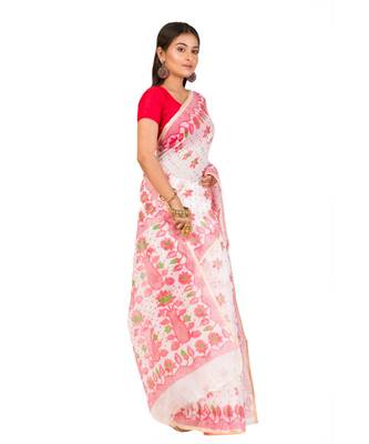 Cotton Silk Bengali Handloom Print Saree - With Blouse Piece(MIRSH-1005-02 / White-Red) 5