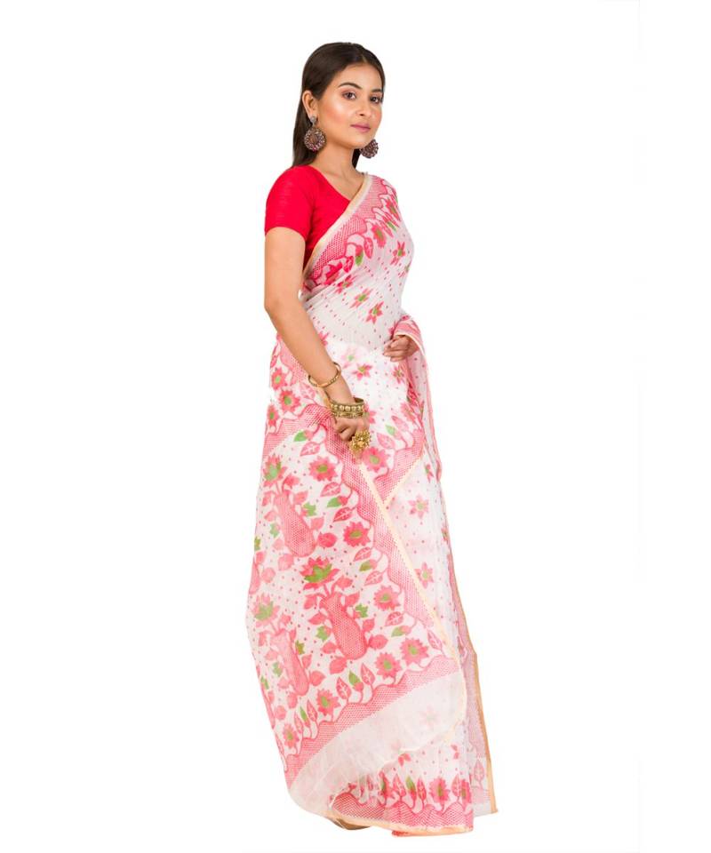 Cotton Silk Bengali Handloom Print Saree - With Blouse Piece(MIRSH-1005-02 / White-Red)