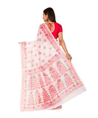 Cotton Silk Bengali Handloom Print Saree - With Blouse Piece(MIRSH-1005-02 / White-Red) 6