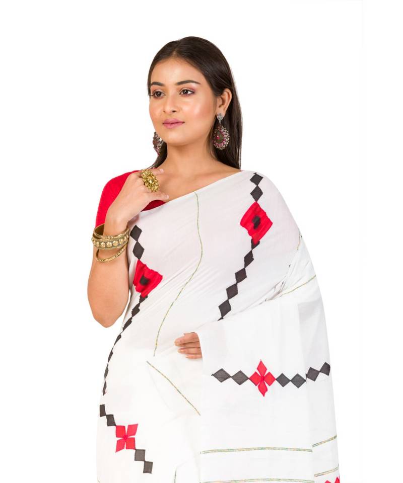 Pure Cotton  Bengali Handloom  Appliquecotton-sarees- With Blouse Piece (MIRSH-1010-01 / White)