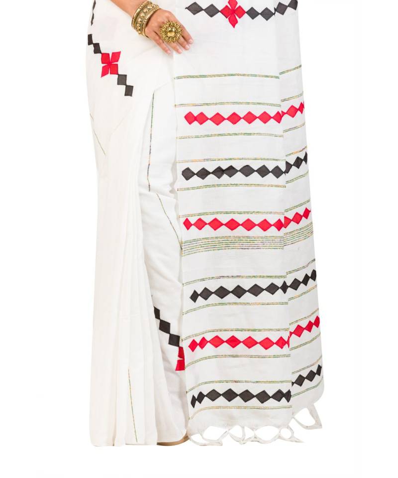 Pure Cotton  Bengali Handloom  Appliquecotton-sarees- With Blouse Piece (MIRSH-1010-01 / White)