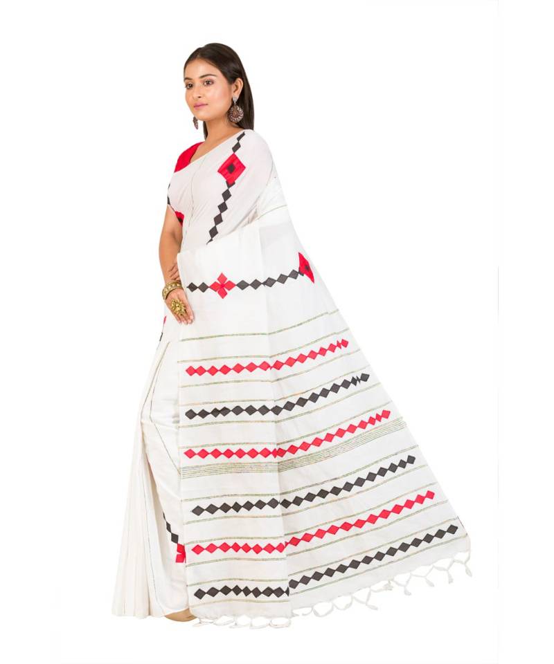 Pure Cotton  Bengali Handloom  Appliquecotton-sarees- With Blouse Piece (MIRSH-1010-01 / White)