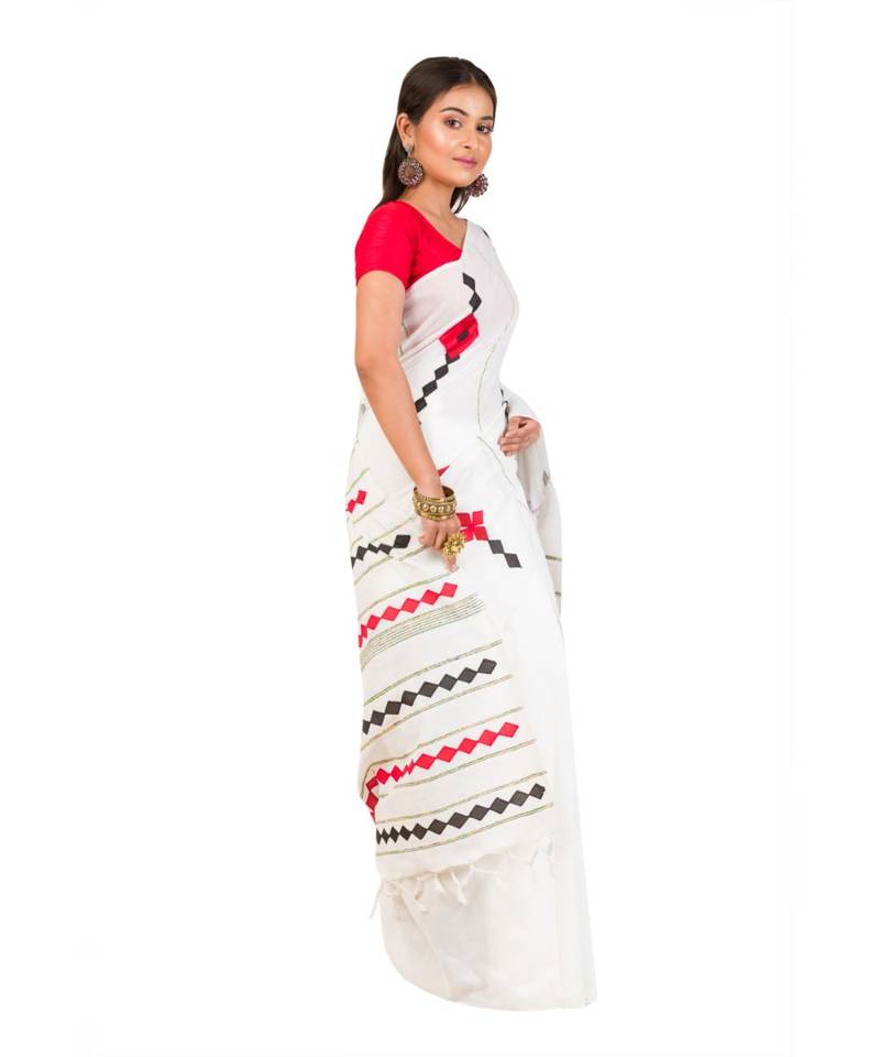Pure Cotton  Bengali Handloom  Appliquecotton-sarees- With Blouse Piece (MIRSH-1010-01 / White)
