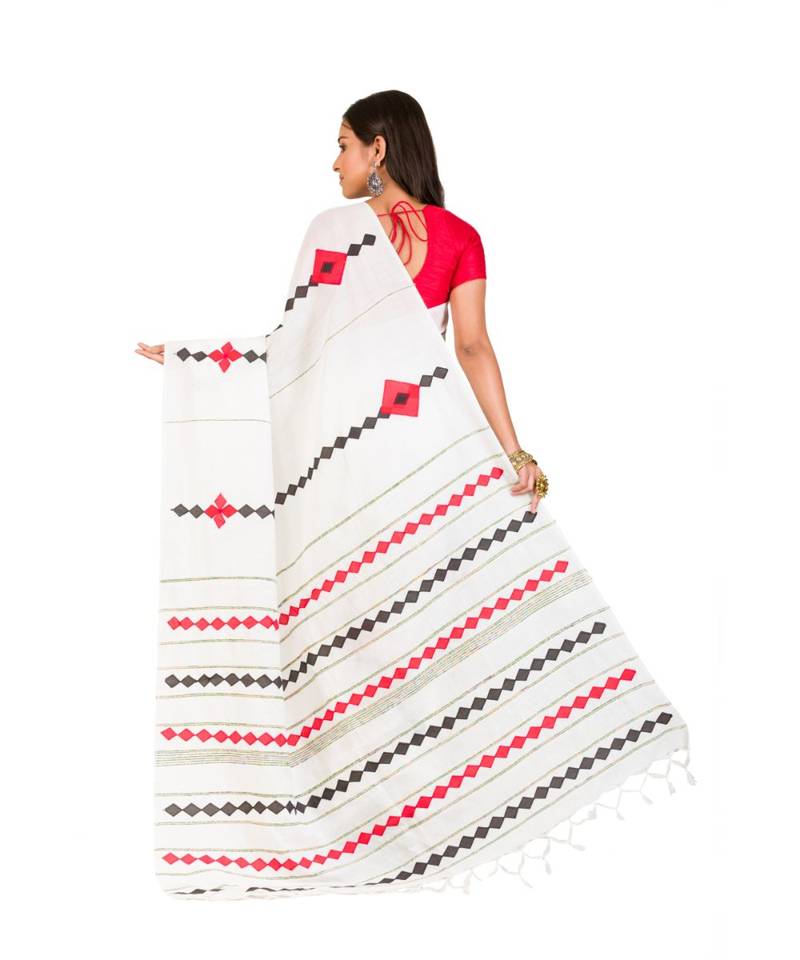 Pure Cotton  Bengali Handloom  Appliquecotton-sarees- With Blouse Piece (MIRSH-1010-01 / White)