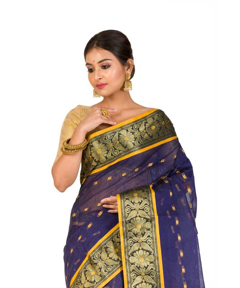 Pure Cotton Bengali Handloomcotton-sarees- Without Blouse Piece( MIRSH-1025 /  Navy Blue )