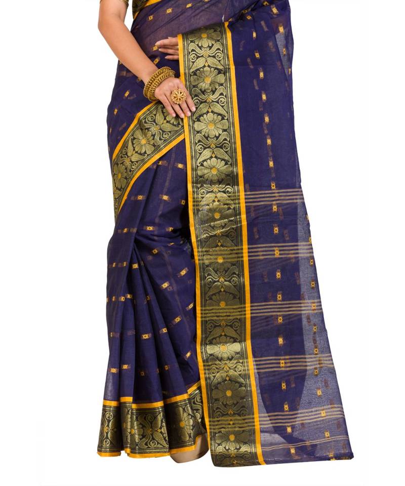 Pure Cotton Bengali Handloomcotton-sarees- Without Blouse Piece( MIRSH-1025 /  Navy Blue )