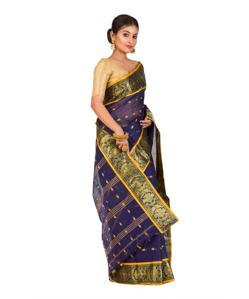 Pure Cotton Bengali Handloomcotton-sarees- Without Blouse Piece( MIRSH-1025 /  Navy Blue )