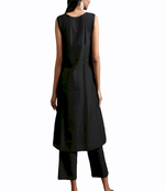 Black plain cotton long-kurtis