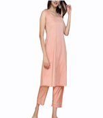 Peach plain cotton long-kurtis