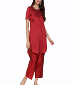 Red plain cotton long-kurtis