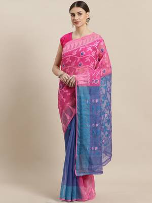 Pink & Blue Woven Design Jamdani Saree Without Blouse 1