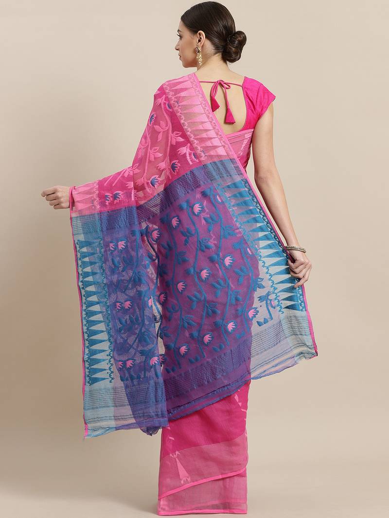Pink & Blue Woven Design Jamdani Saree Without Blouse