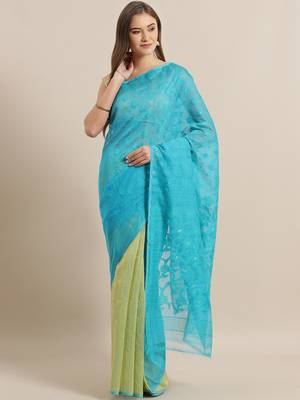Blue & Green Woven Design Half & Half Dhakai Jamdani Saree 1