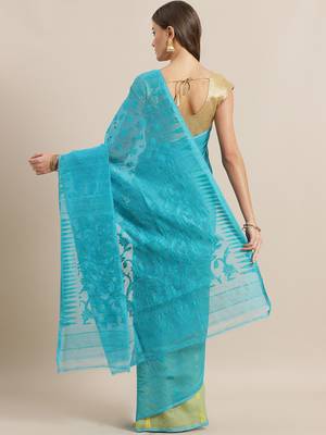 Blue & Green Woven Design Half & Half Dhakai Jamdani Saree 2