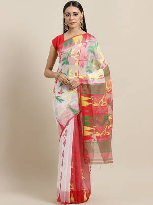 White & Red Woven Design Handloom Dhakai Jamdani Saree 1