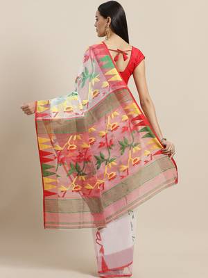 White & Red Woven Design Handloom Dhakai Jamdani Saree 2